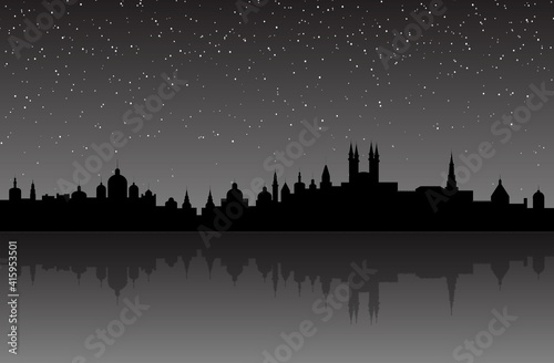 Landscape of the night city. Vector illustration of the contours of city buildings on the background of the starry sky with a reflection in the water. Poster postcard.