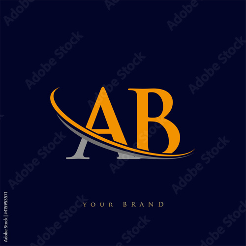 initial letter AB logotype company name yellow and grey swoosh design. isolated on dark background.