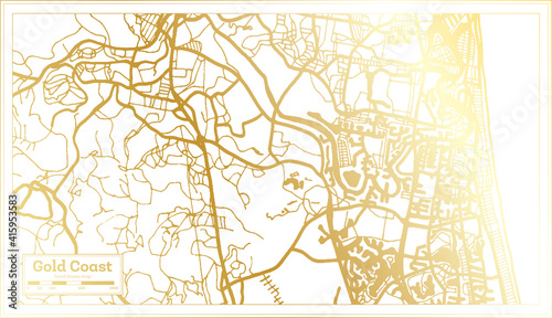 Gold Coast Australia City Map in Retro Style in Golden Color. Outline Map.