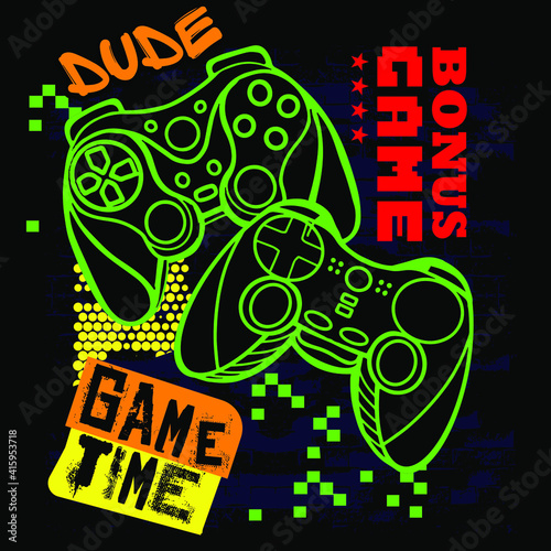 Typography Vector monster joysticks gamepad illustration with slogan. bright print for prints, clothes, t shirt, child or wrapping  paper. Creative kids original design 