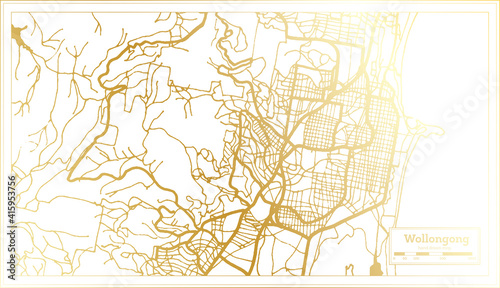 Wollongong Australia City Map in Retro Style in Golden Color. Outline Map.