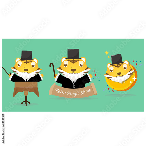 Retro magic cartoon tiger holding brown magic slogan while performing premium vector