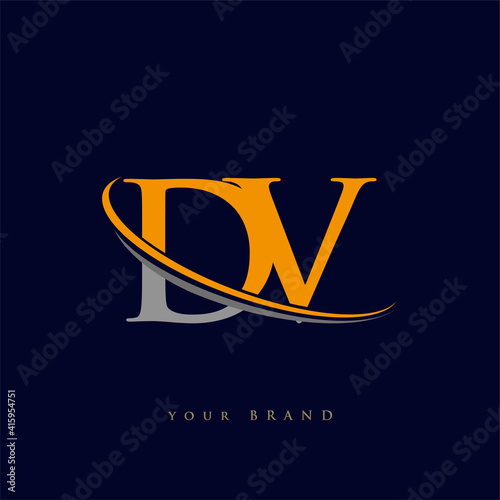 initial letter DV logotype company name yellow and grey swoosh design. isolated on dark background.