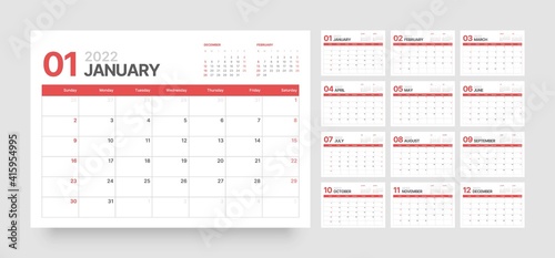 Monthly calendar template for 2022 year. Week Starts on Sunday. Wall calendar in a minimalist style.