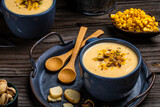 Creamy corn soup with roasted pistachios and croutons, Healthy food. Vegan cuisine. Restaurant menu, dieting, cookbook recipe