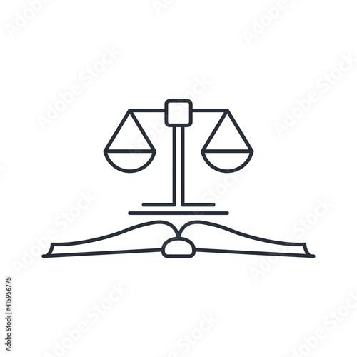 Book and legal scales. Legal knowledge. Vector linear icon isolated on white background. Defend your rights.
