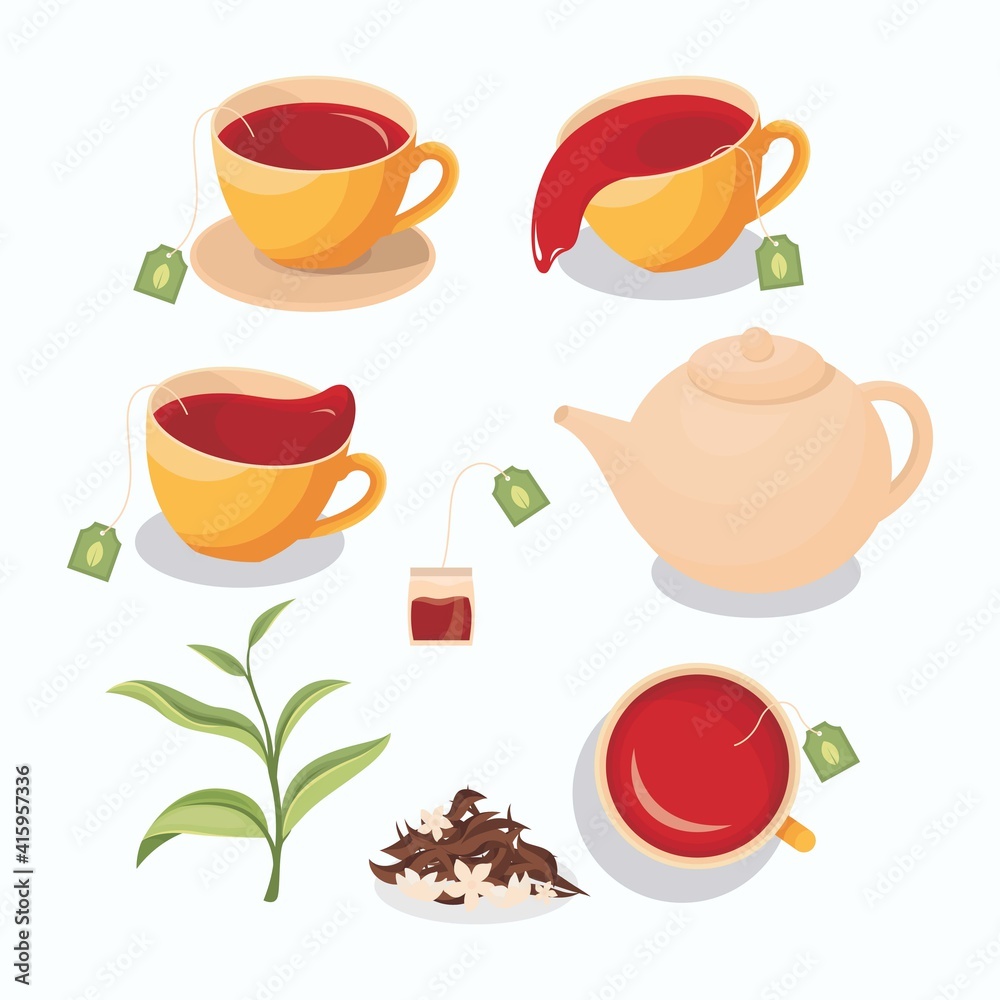 Illustration of tea in a cup, spilled tea, tea bag, teapot, green tea leaves, and dry tea with jasmine 