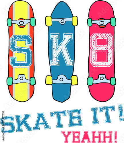 Typography hand drawn skateboard print with slogan - Born to skate. bright print for prints, clothes, t shirt, child or wrapping  paper. Creative kids original design 