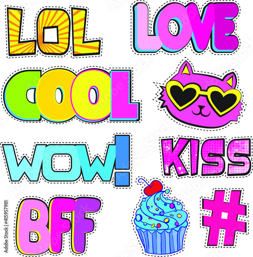  Set of cute stickers with  hashtags elements  Girlish stickers in bright colors isolated on white background. Fashion patch in cartoon style. 