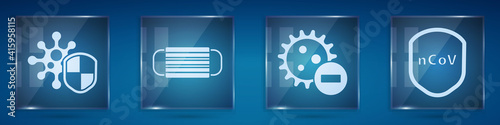 Set Shield protecting from virus, Medical protective mask, Negative virus and Shield protecting from virus. Square glass panels. Vector.