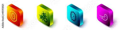 Set Isometric Shield protecting from virus, Positive virus, Virus and Virus icon. Vector.