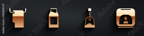 Set Towel on a hanger, Bottle with milk, Tea bag and Aroma lamp icon with long shadow. Vector.