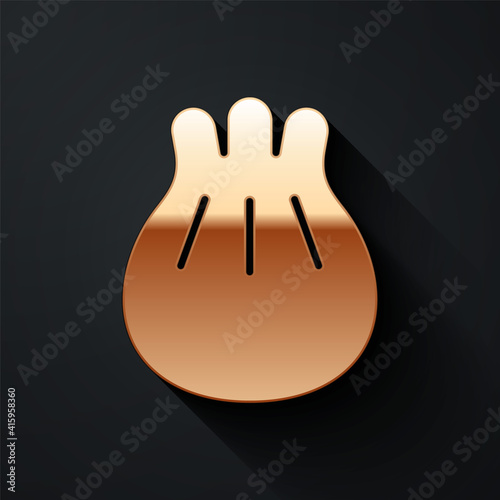 Gold Khinkali on cutting board icon isolated on black background. Traditional georgian dumpling. Long shadow style. Vector Illustration.