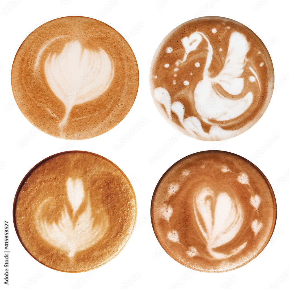 Cups of tasty latte on white background, top view Cups of tasty latte on white background, top view