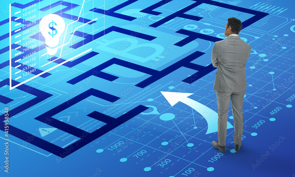 Young business man near labyrinth on color background Young business man near labyrinth on color background