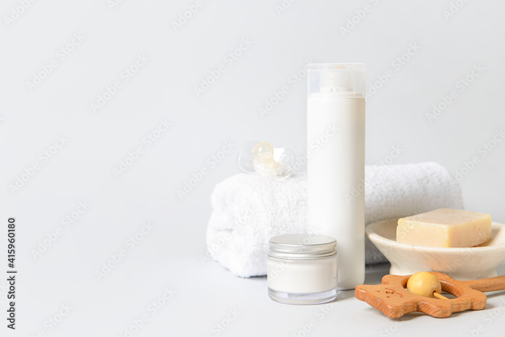 Bath accessories for baby on white background Bath accessories for baby on white background