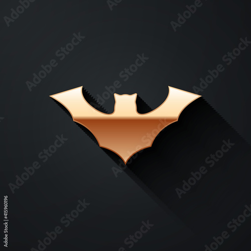 Gold Flying bat icon isolated on black background. Long shadow style. Vector.
