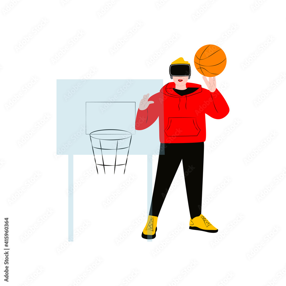 A character playing basketball in virtual reality glasses. Man using VR headset. Flat vector illustration on white background