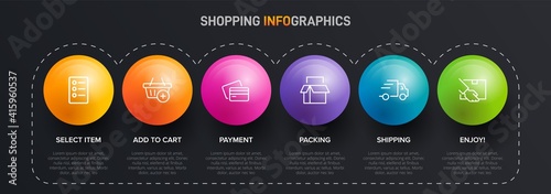 Concept of shopping process with 6 successive steps. Six colorful graphic elements. Timeline design for brochure, presentation, web site. Infographic design layout.