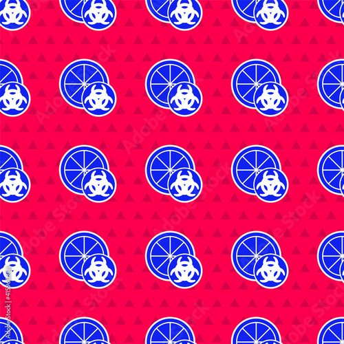 Blue Genetically modified citrus fruit icon isolated seamless pattern on red background. Orange in a cut. Healthy lifestyle. GMO fruit. Vector.