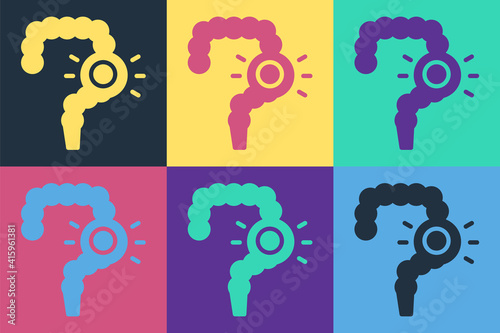 Pop art Gut constipation icon isolated on color background. Bowel problems. Vector.