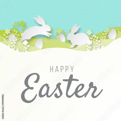 Happy easter paper cut greeting card. Vector illustration.