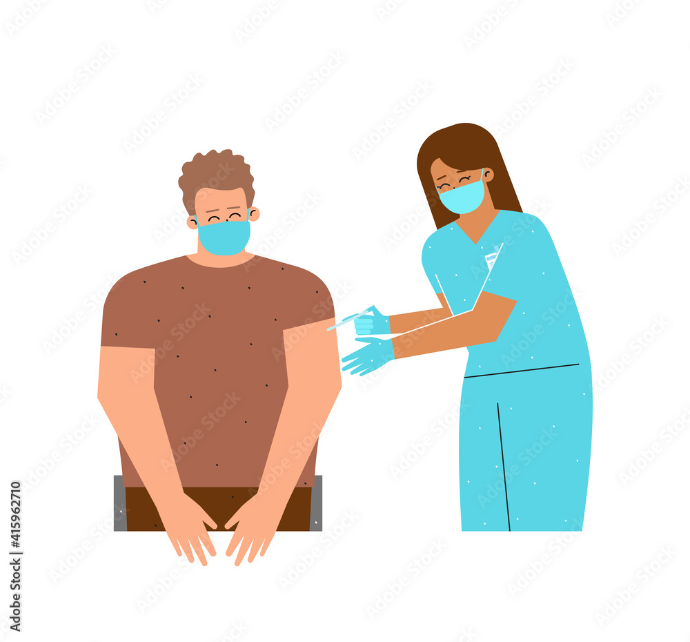 Obraz premium Vector flat concept illustrated Coronavirus (COVID-19) vaccination. European nurse holds syringe. Woman gives antiviral injection with drug to young adult man. Providing immunity against SARS‑CoV‑2