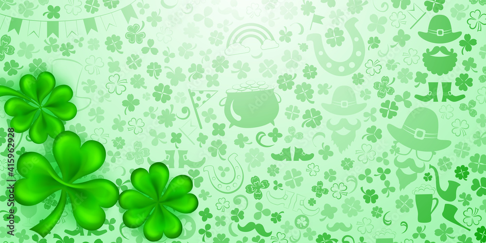 Background on St. Patrick's Day made of realistic clover leaves with shadows and others holiday symbols in green colors Background on St. Patrick's Day made of realistic clover leaves with shadows and others holiday symbols in green colors