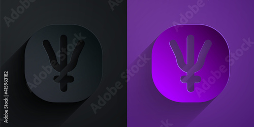 Paper cut Neptune planet symbol icon isolated on black on purple background. Astrology, numerology, horoscope, astronomy. Paper art style. Vector.
