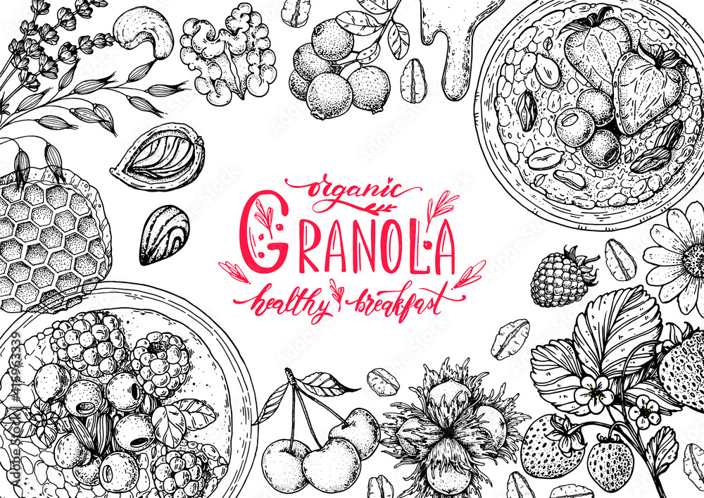 Granola illustration. Oat flakes , berries, fruits and nuts hand drawn sketch. Breakfast top view frame. Morning food menu design. Hand drawn vector illustration. Granola illustration. Oat flakes , berries, fruits and nuts hand drawn sketch. Breakfast top view frame. Morning food menu design. Hand drawn vector illustration.
