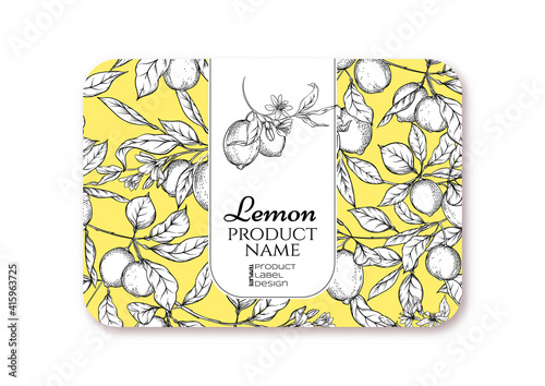 Lemon. Ripe citrus. Template for product label, cosmetic packaging. Easy to edit. Graphic drawing, engraving style. Vector illustration.