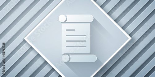 Paper cut Decree, paper, parchment, scroll icon icon isolated on grey background. Paper art style. Vector.