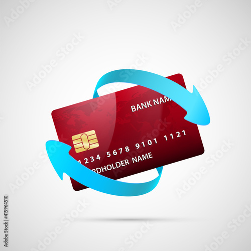 Credit card with arrows around. Cashback loyalty program.