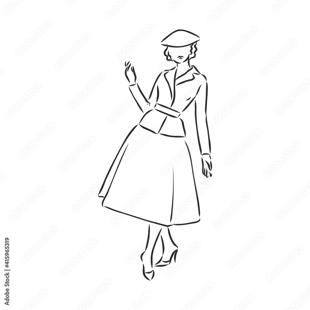 Antique dressed lady. Old fashion vector illustration. Victorian woman in historical dress. Vintage stylized drawing, retro woodcut style Antique dressed lady. Old fashion vector illustration. Victorian woman in historical dress. Vintage stylized drawing, retro woodcut style