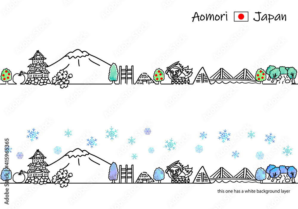 冬の青森県の観光地の街並みシンプル線画イラストセット Stock Vector Adobe Stock