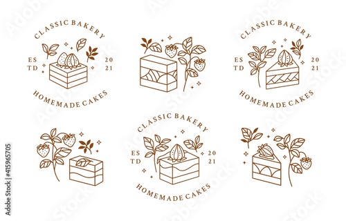 Set of hand drawn cake, pastry and bakery logo elements isolated on white background