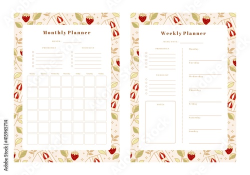 Set of weekly planner, monthly planner, school scheduler templates with hand drawn cake, floral, and strawberry elements