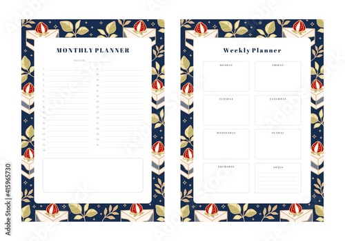 Set of weekly planner, monthly planner, school scheduler templates with hand drawn cake, floral, and strawberry elements