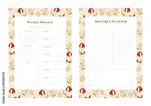 Set of weekly planner, monthly planner, school scheduler templates with hand drawn cake, floral, and strawberry elements
