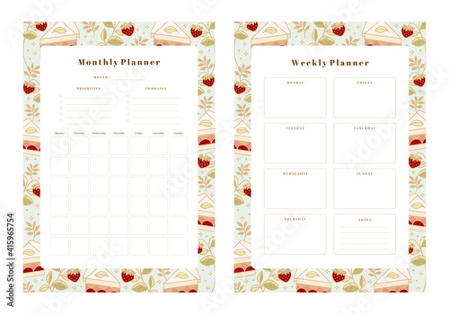 Set of weekly planner, monthly planner, school scheduler templates with hand drawn cake, floral, and strawberry elements