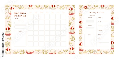 Set of weekly planner, monthly planner, school scheduler templates with hand drawn cake, floral, and strawberry elements