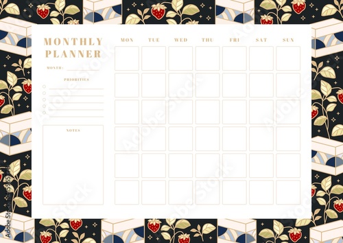 Printable monthly planner, school scheduler template with hand drawn cake, floral, and strawberry elements