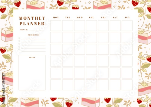 Printable monthly planner, school scheduler template with hand drawn cake, floral, and strawberry elements