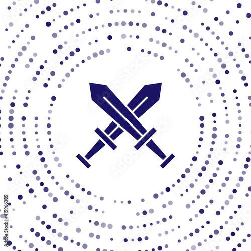 Blue Crossed medieval sword icon isolated on white background. Medieval weapon. Abstract circle random dots. Vector.