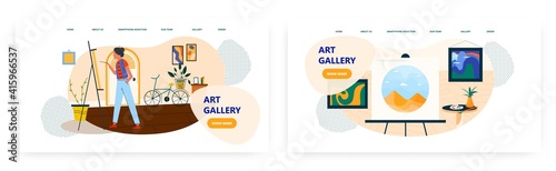 Art gallery landing page design, website banner vector template set. Art museum, exhibition of paintings.