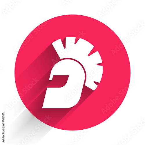 White Greek helmet icon isolated with long shadow. Antiques helmet for head protection soldiers with a crest of feathers or horsehair. Red circle button. Vector.