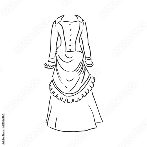 Antique dressed lady. Old fashion vector illustration. Victorian woman in historical dress. Vintage stylized drawing, retro woodcut style