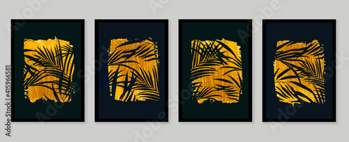 Gold forest  wall art background vector.  Palm and tropical leaf black and golden texture wallpaper. Design for wall decoration, cover, prints, social media post, poster, home decor.