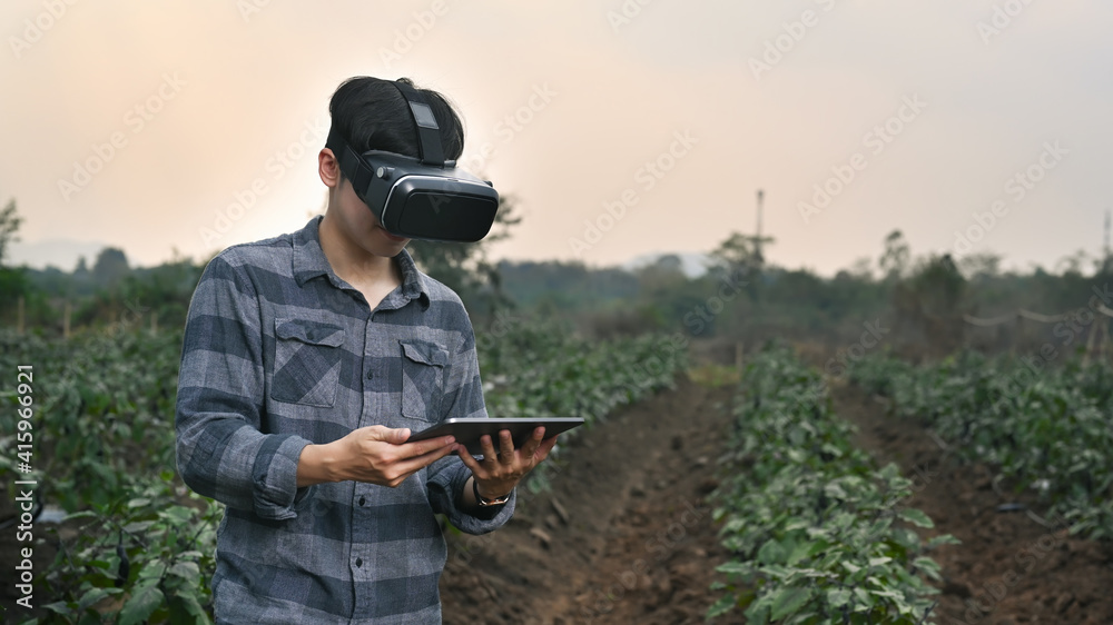 Fototapeta premium Smart farmer man wearing visual reality glasses technology and using digital tablet while standing in agriculture farm.