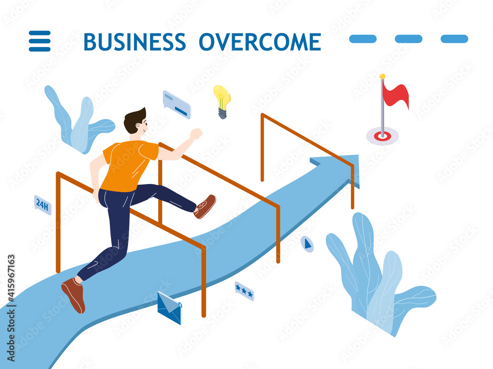 Run young man run jumping, along the directional arrow. Business overcame obstacles problems and barriers for success to finish. Vector illustration flat cartoon style poster Run young man run jumping, along the directional arrow. Business overcame obstacles problems and barriers for success to finish. Vector illustration flat cartoon style poster